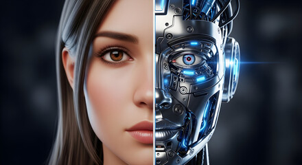 A striking visual representation of a human face split down the middle, with one half showing a realistic human, and the other half revealing a futuristic robotic head.