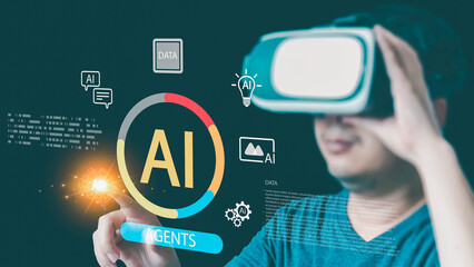 A man wearing VR goggles interacts with a futuristic AI user interface. He touches a glowing digital brain icon to manage data and intelligent agents in a virtual space.