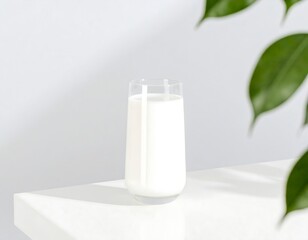 A glass of milk on a white surface, natural light