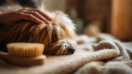 Caring for Pet: A tender moment unfolds as a gentle hand pets a small, fluffy dog lying comfortably on a soft blanket, while a grooming brush lies nearby. Capturing warmth, comfort.