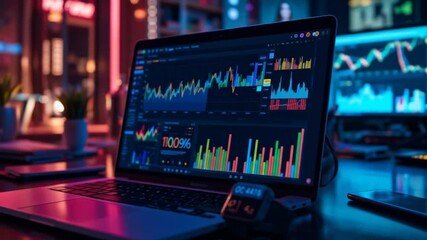 Programmers using laptops analyze financial data on a futuristic global virtual interface algorithm. 4k video - Powered by Adobe