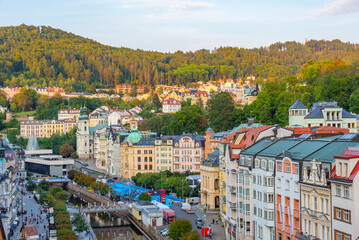 Fototapeta premium Sunset panorma view of Karlovy Vary in Czech republic