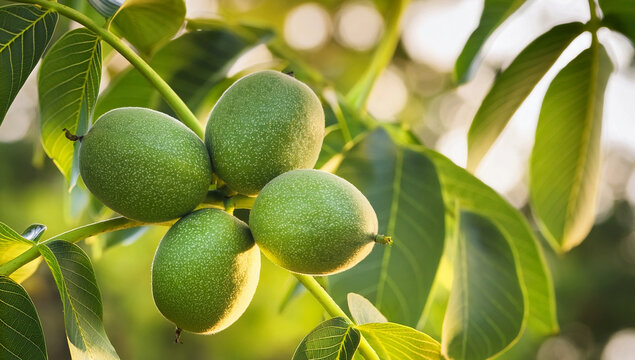 A detailed close-up of unripe green walnuts growing on a tree branch, surrounded by fresh green leaves, illuminated by sunlight, representing natural farming and organic food production.