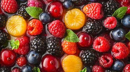 Fresh Colorful Berry Mix: Raspberries, Blueberries, Blackberries, Cherries and Mint Leaves