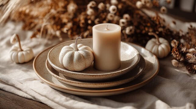 Rustic fall table setting with pumpkins, candle, and dried florals