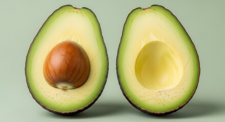 Two clean, fresh halves of a ripe avocado, with the seed visible in one part. A perfect image for healthy eating, nutrition blogs, vegan diets, and organic food concepts.