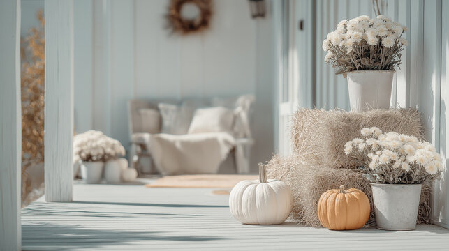 Cozy fall front porch with pumpkins, chrysanthemums, and hay bales