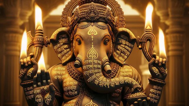 Close-up of a golden Ganesha statue holding lit diyas in a temple with warm lighting.