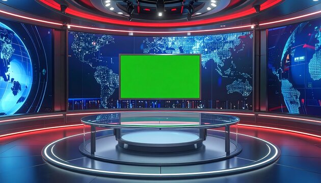 Professional virtual news studio background with a central green screen, anchor desk, and digital world map displays for modern broadcasting