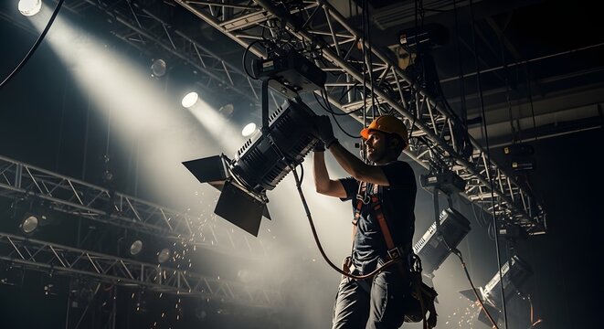 Stage lighting technician operating spotlights on concert rig in dark arena
