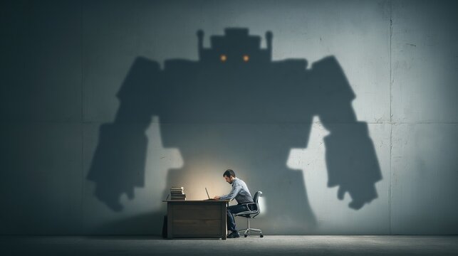 A humanoid robot shadow overseeing a human working symbolizing the agentic AI agent using AGI superintelligence for ASI autonomy during the singularity