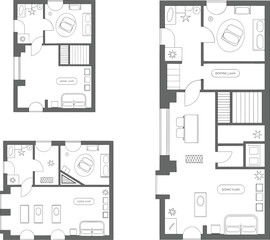 Residential floor plan layout, modern home interior, apartment blueprint design, furniture arrangement, architectural drawing for real estate presentation.