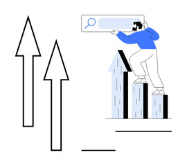 Person using a search bar to achieve growth, standing on upward bar charts. Ideal for success, growth, achievement, development, strategy, progress and productivity. Simple flat metaphor