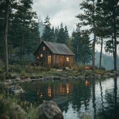 Obraz premium Rustic cabin lakeside forest retreat