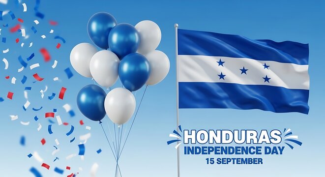 Honduras Independence Day Celebration: Festive Balloons, Flag, and Confetti against a Bright Blue Sky