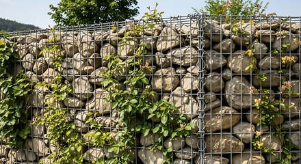 Stone Filled Wire Mesh Gabion Wall with Green Plants.