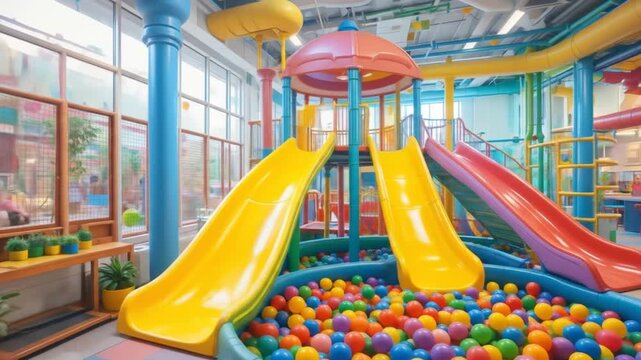 A vibrant indoor playground with colorful slides and a ball pit, perfect for kids to explore and play happily. 4k video
