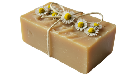 Artisan chamomile soap bar gently crafted with care and wrapped with daisies on a simple black