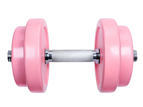 Pink dumbbell with a silver handle, symbolizing fitness and strength training isolate on transparent background, cutout, png