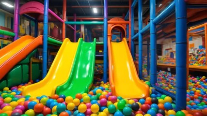 A vibrant indoor playground with colorful slides and a ball pit, perfect for kids to explore and play happily. 4k video