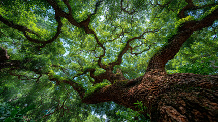 Fototapeta premium Worm's eye view of a large tree with green leaves and twisted branches.