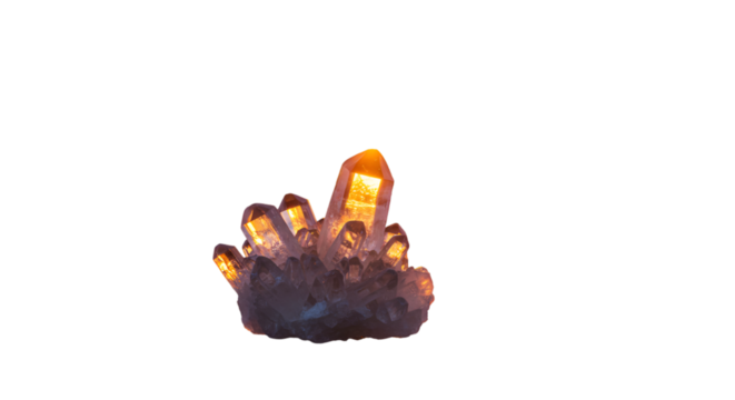 Golden aura emanating from a cluster of quartz crystals shimmering against the void with dark