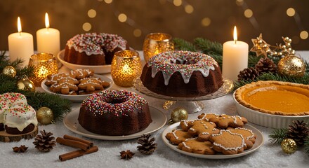 Festive holiday table setting with assorted desserts and decorations in warm lighting