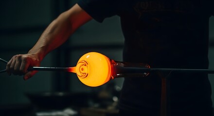 Glassblower shaping glowing molten glass on a metal rod in a dark workshop, showcasing traditional craftsmanship