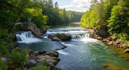 Serene landscape of a river with multiple waterfalls flowing through a lush forest with rocky shores under a partly cloudy sky.