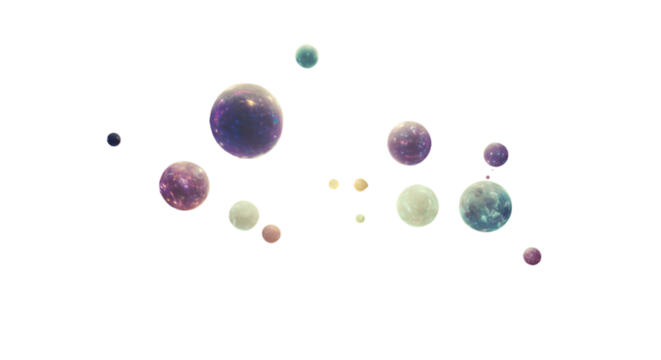 Celestial dance of cosmic spheres in the infinite dark with a soft color palette and sharp planetary