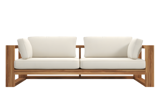 Light-colored sofa with wooden frame.