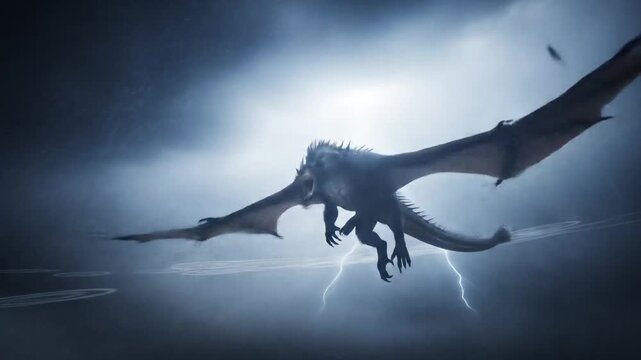 Majestic Dragon Soaring Through a Stormy Sky with Flashes of Lightning Creating a Dramatic Fantasy