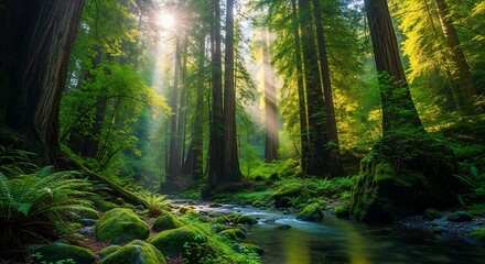 Obraz premium Sunbeams filter through a lush green forest with a stream.
