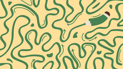 Doodle background with a winding maze and a pencil. Vector illustration.