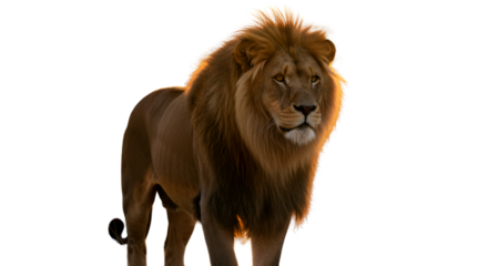 A regal lion bathed in golden light surveys his domain exuding power with a solid black background