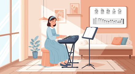 Young woman playing keyboard at home with sheet music in cozy environment