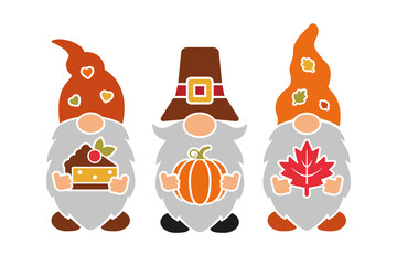 Vector Thanksgiving gnomes with pie, pumpkin and leaf. Cute autumn holiday illustration for prints, t shirt, invitations, greeting cards, banners, posters. Template for plotter cutting