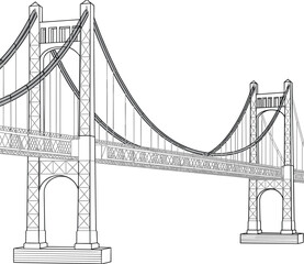 Suspension bridge black and white drawing, architectural vector illustration, detailed bridge structure, engineering design sketch, urban construction concept graphic