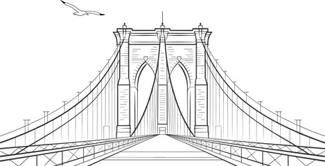 Suspension bridge architectural vector drawing, black and white city infrastructure, cable bridge with bird flying, detailed line art perspective illustration