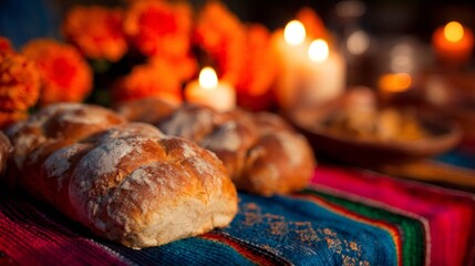 Traditional pan de muerto bread on colorful textile. Day of the Dead altar decoration with marigold flower and candle. Mexican holiday celebration concept.