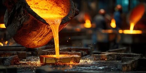 Molten metal being poured into mold in industrial foundry, creating glowing and intense atmosphere