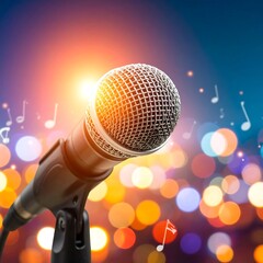 Obraz premium Microphone against a backdrop of colorful, bokeh lights and musical notes