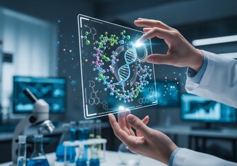Scientific Research, DNA Analysis, Laboratory, Digital Visualization, Modern Environment, Close-Up View, Innovation in Genetics