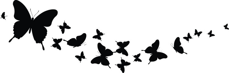 Flying butterfly silhouettes in curved formation, black vector illustration for nature, wildlife, insect, freedom, spring, summer, and decorative design themes