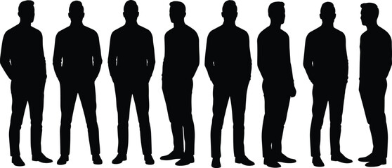 Full black silhouette of a man standing in various poses, facing front, side, and three-quarter view, vector illustration.