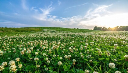 Field of Blooming White Clover Flowers at Sunset
