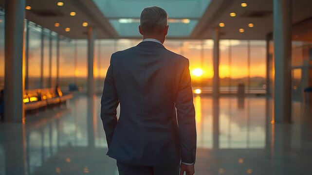 Confident businessman walking beside a large office window overlooking a colorful evening sky
