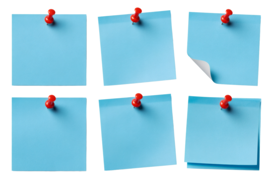 Blank blue sticky notes with red push pins ready for ideas, reminders, and crucial business planning