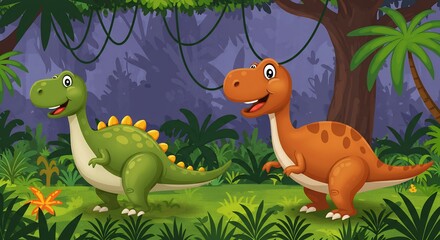 Fototapeta premium 緑豊かなジャングル 夕暮れ時 恐竜 二匹 仲良く遊ぶ 愛らしいイラスト. AI Generated