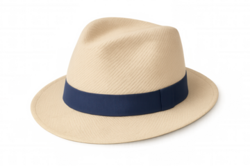 Classic panama hat featuring a dark blue ribbon, isolated on a transparent background, perfect for summer and travel themes